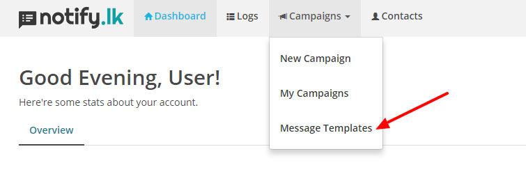 Message Templates menu item of the Notify.lk (SMS Gateway Management Dashboard) client area.